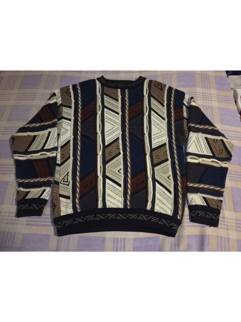 Vtg Protege Coogi Style 3D Knit Sweater Biggie Cosby Hip Hop Mens Large USA 90s